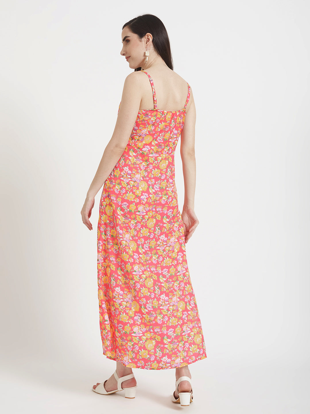 Luxury Satin Digital Print Shoulder Strap Bodycon Maxi Dress With Slash Pocket