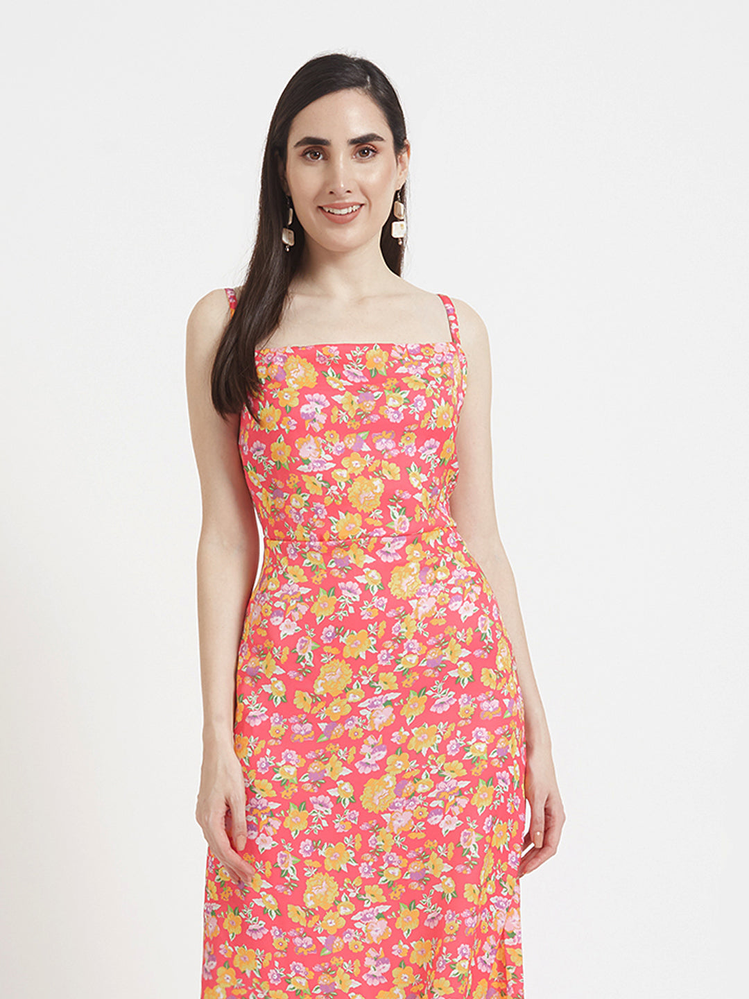 Luxury Satin Digital Print Shoulder Strap Bodycon Maxi Dress With Slash Pocket