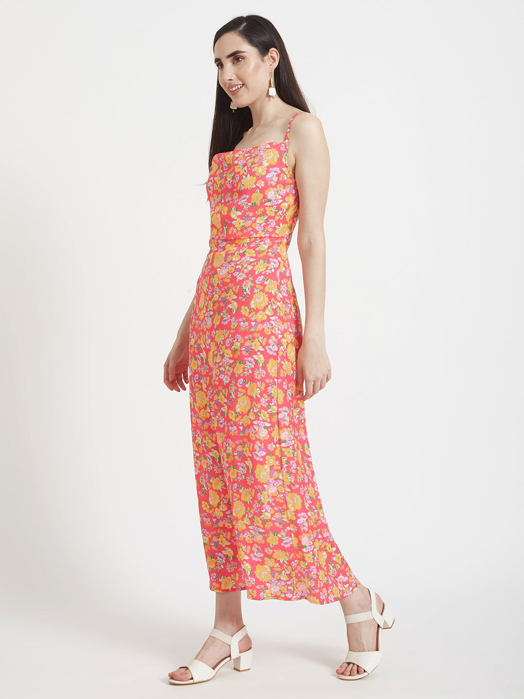 Luxury Satin Digital Print Shoulder Strap Bodycon Maxi Dress With Slash Pocket