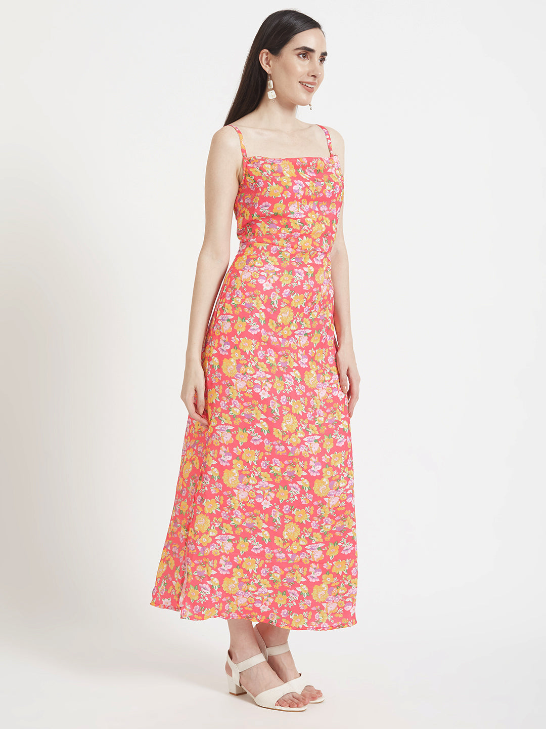 Luxury Satin Digital Print Shoulder Strap Bodycon Maxi Dress With Slash Pocket