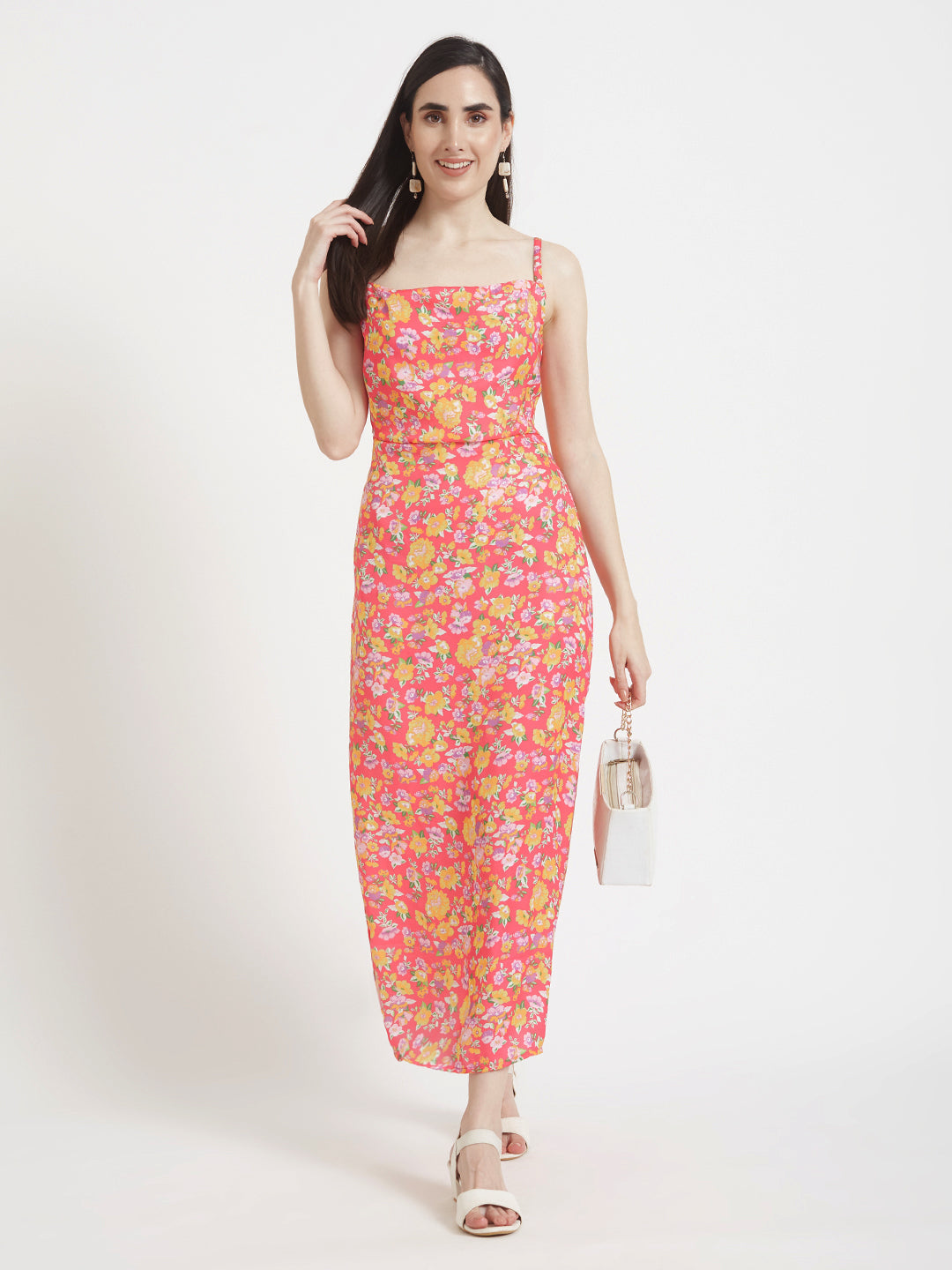 Luxury Satin Digital Print Shoulder Strap Bodycon Maxi Dress With Slash Pocket