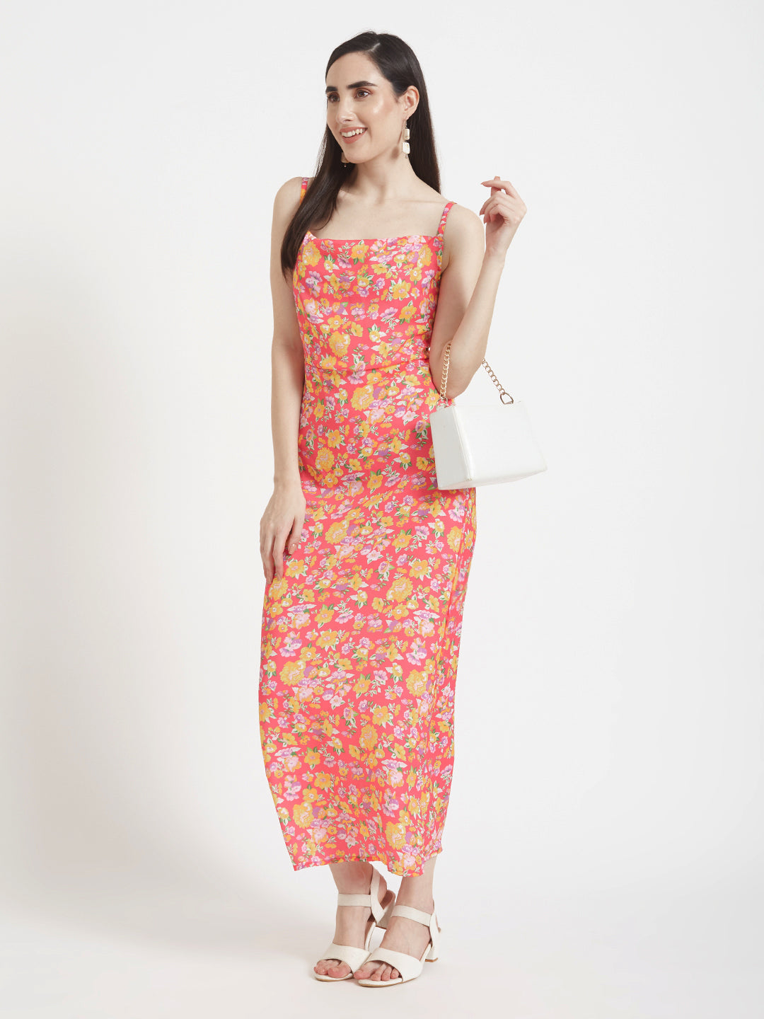 Luxury Satin Digital Print Shoulder Strap Bodycon Maxi Dress With Slash Pocket