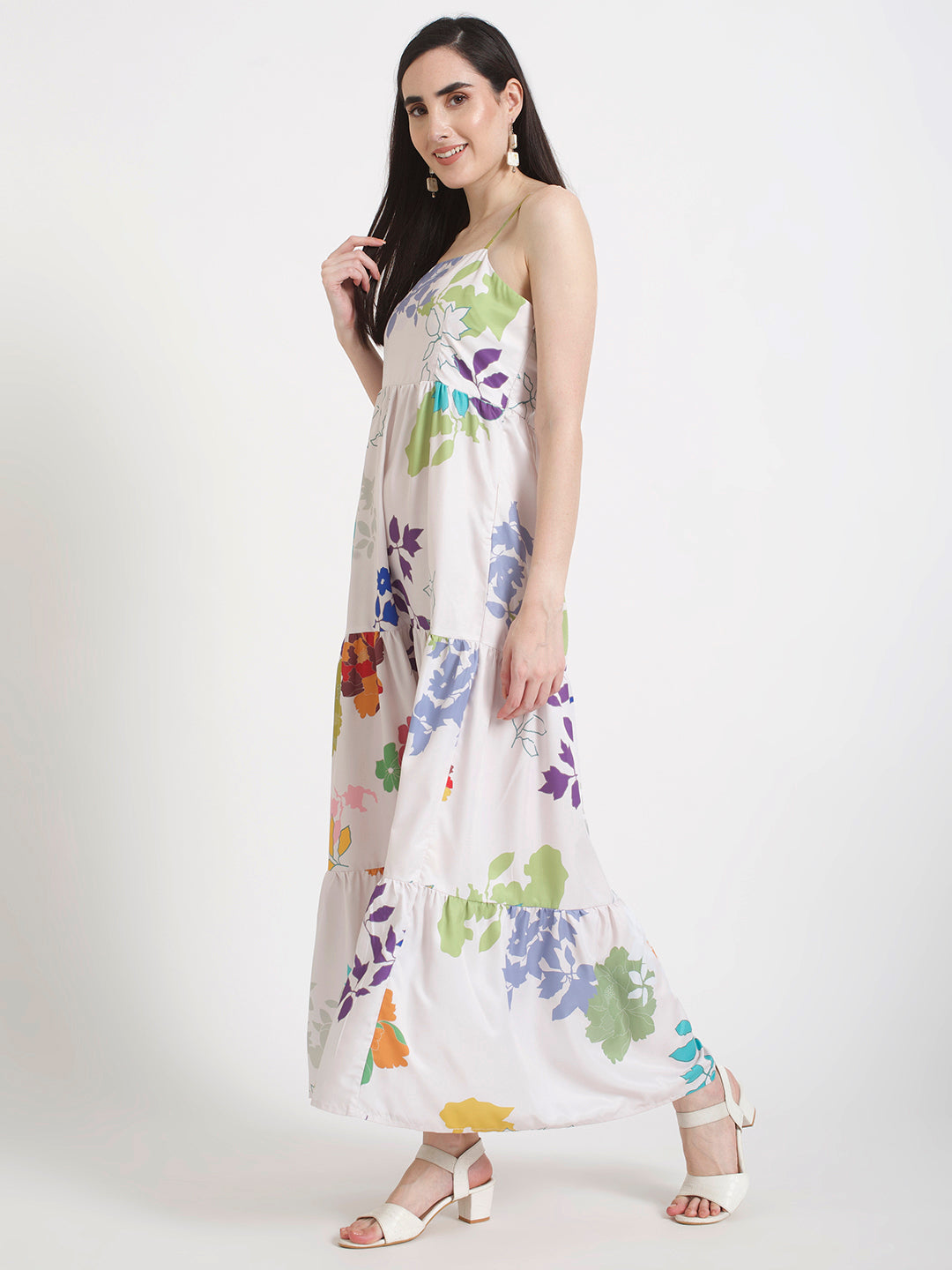 Premium Micro Digital Print Shoulder Strap Maxi Dress With Slash Pocket
