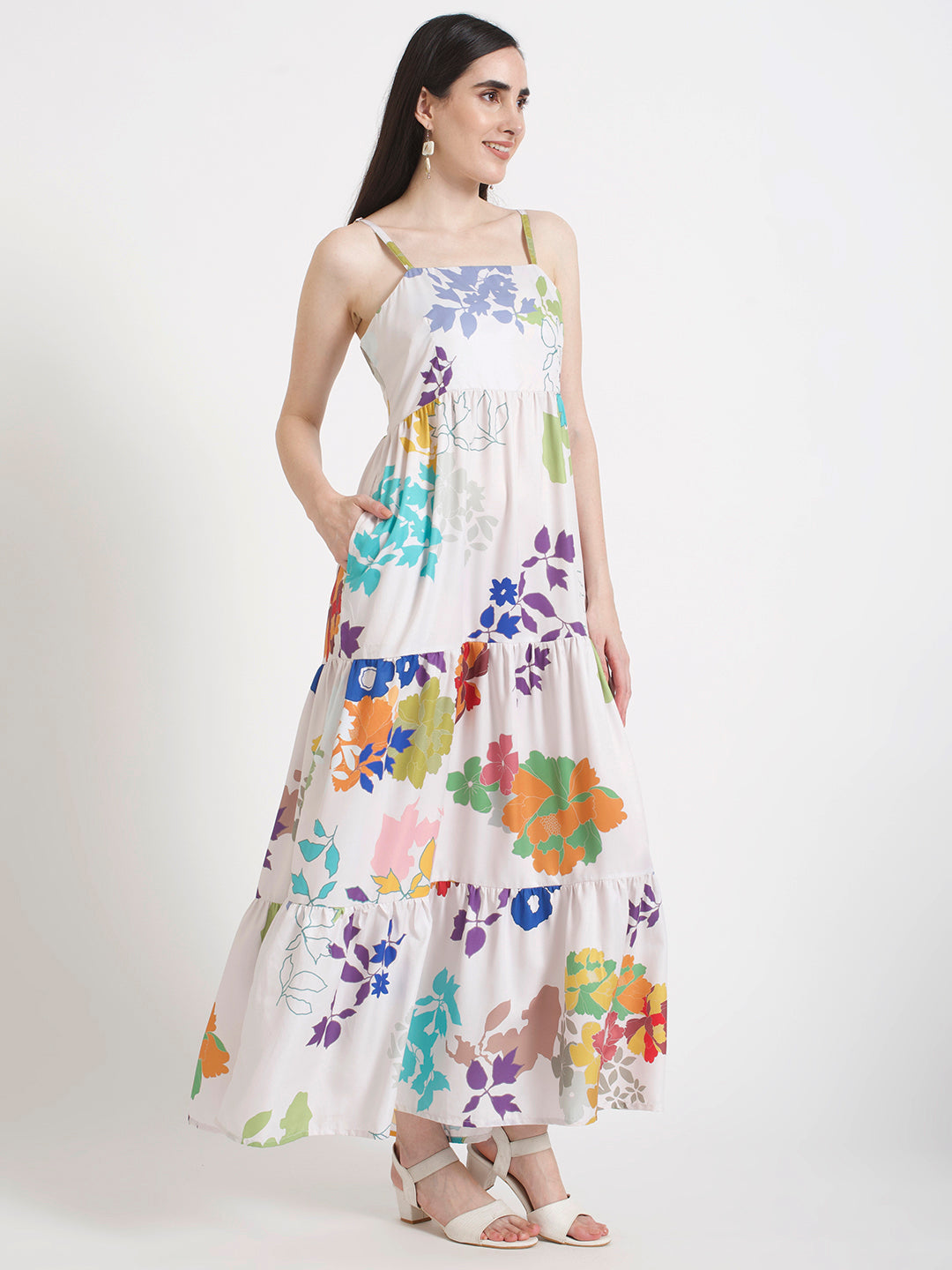 Premium Micro Digital Print Shoulder Strap Maxi Dress With Slash Pocket