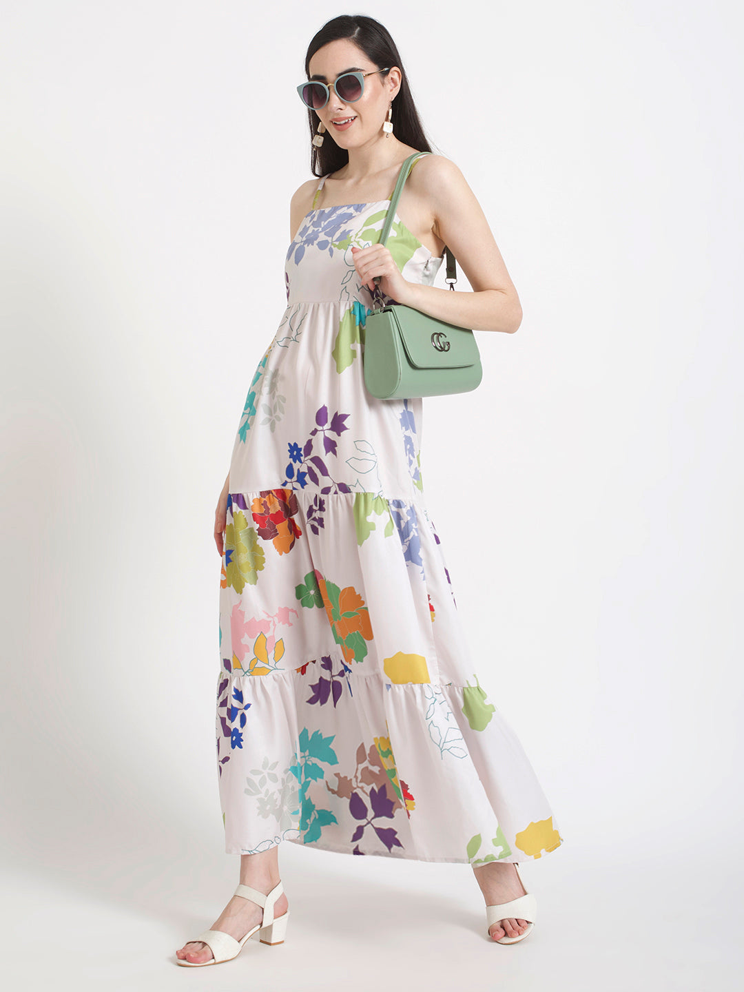Premium Micro Digital Print Shoulder Strap Maxi Dress With Slash Pocket