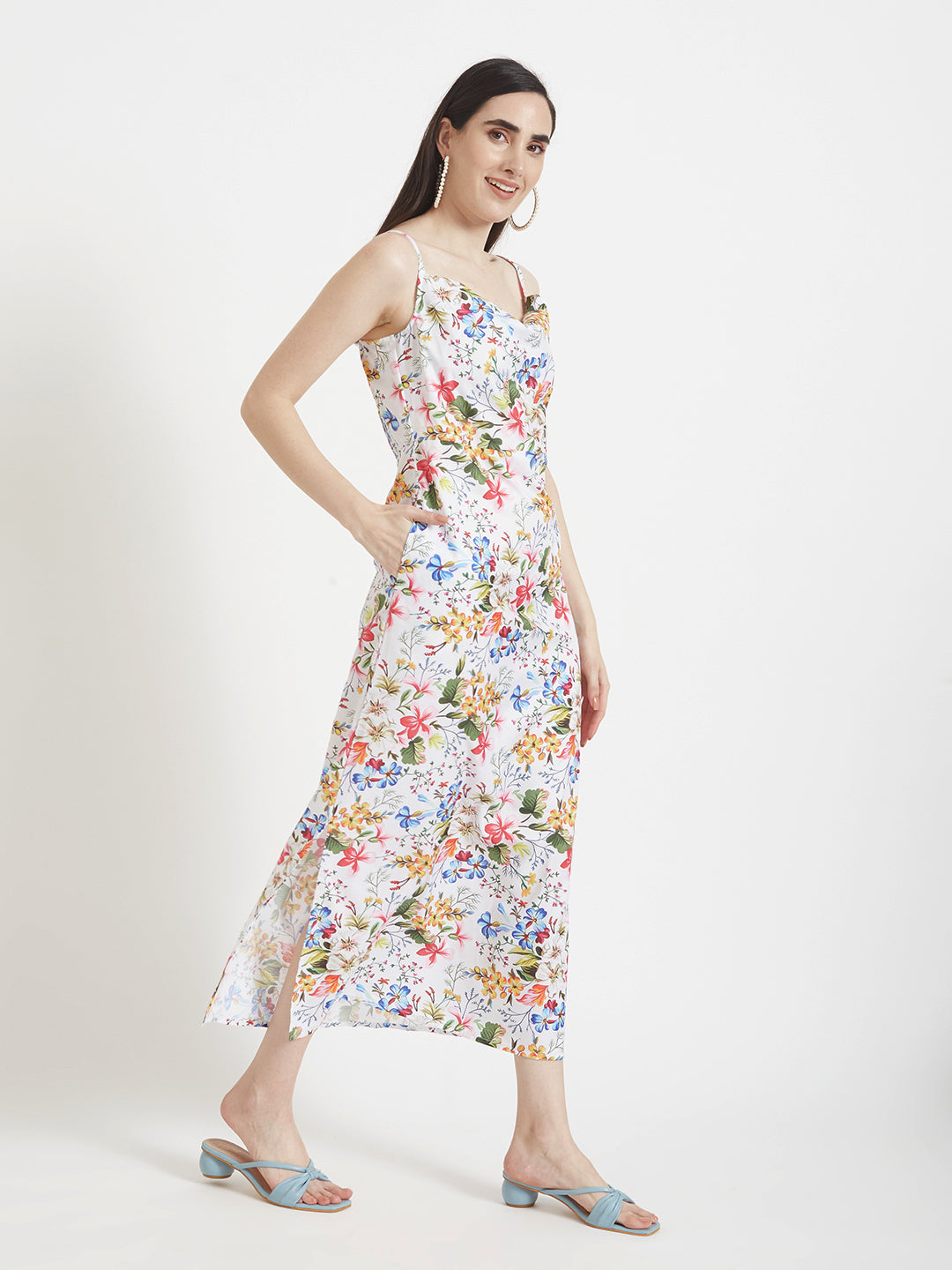 Premium Micro Digital Print Shoulder Strap Bodycon Maxi Dress With Slash Pocket