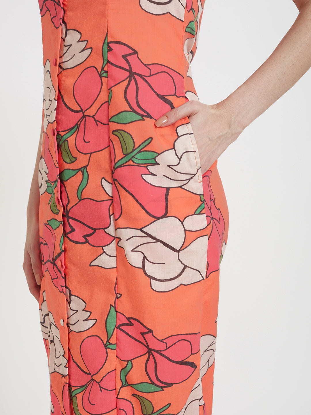 Luxury Cambric Digital Print Front Slit Body Con Dress With Slash Pocket