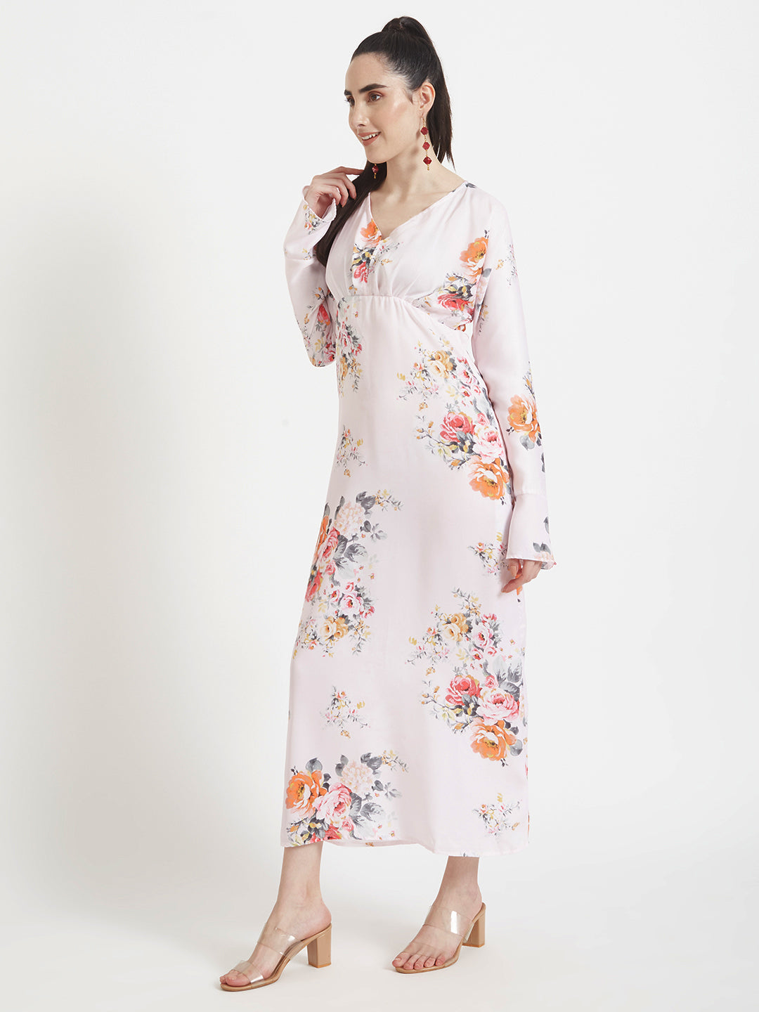 Luxury Satin Digital Print Maxi Dress With Slash Pocket