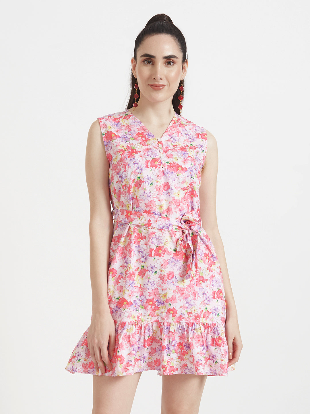Premium Micro Digital Print V Neck Flare Dress With Slash Pocket