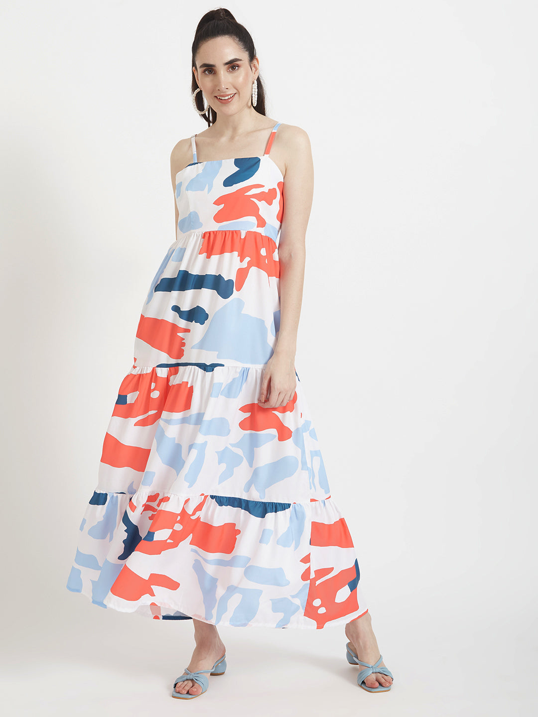 Premium American Crepe Digital Print Shoulder Strap Maxi Dress With Slash Pocket