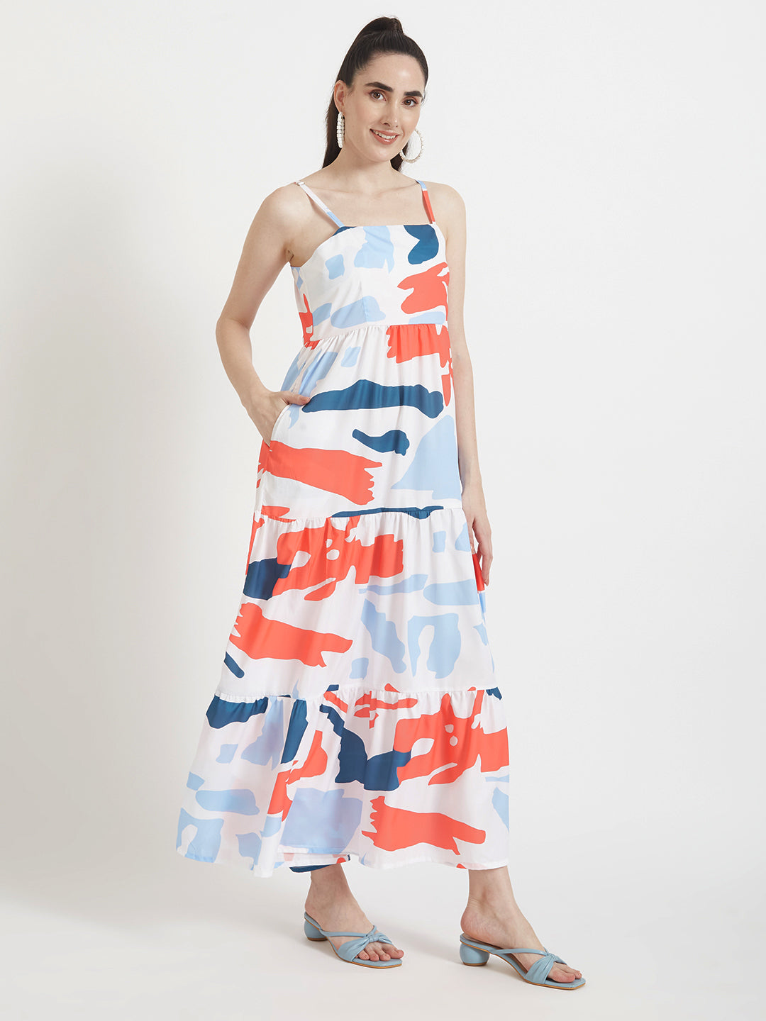 Premium American Crepe Digital Print Shoulder Strap Maxi Dress With Slash Pocket