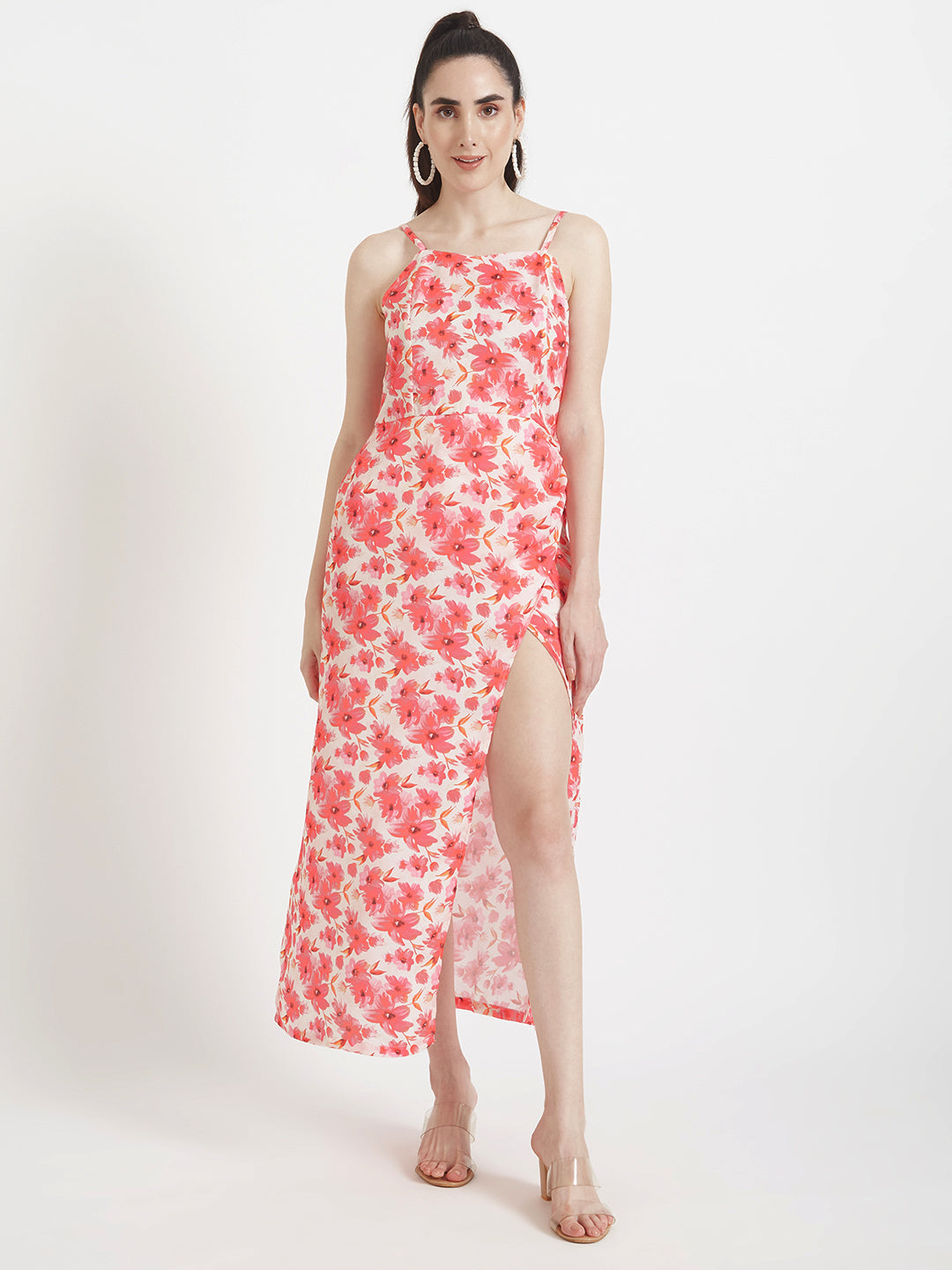 Luxury Satin Digital Print Maxi Dress With Slash Pocket