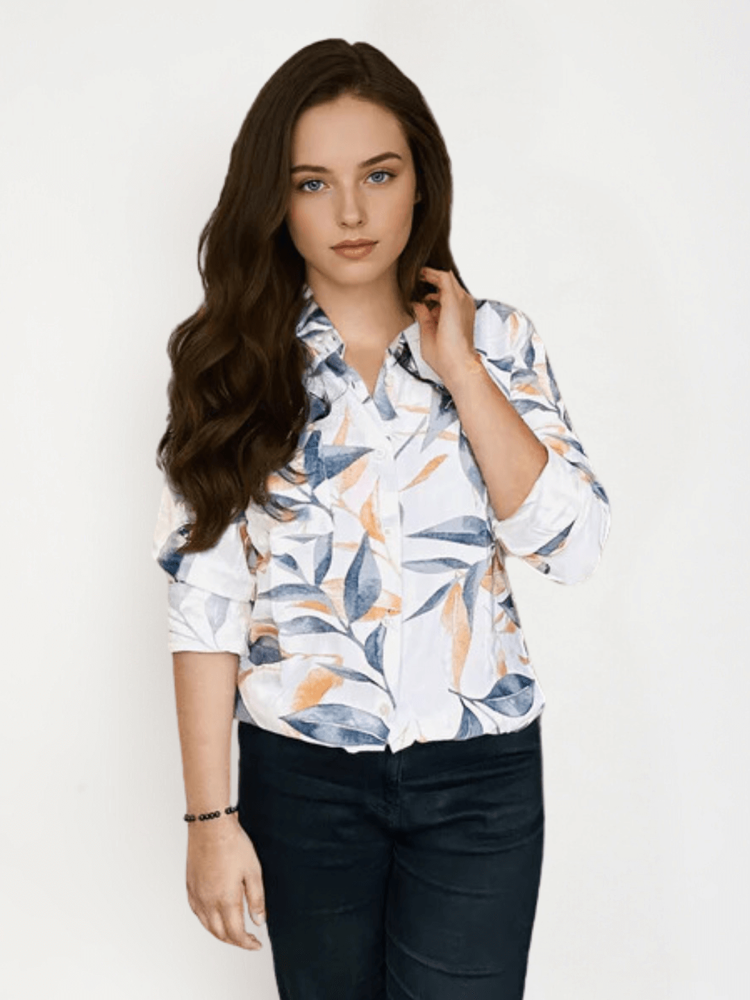 Women'S Premium Rayon Shirt With Blue And Orange Leaf Print