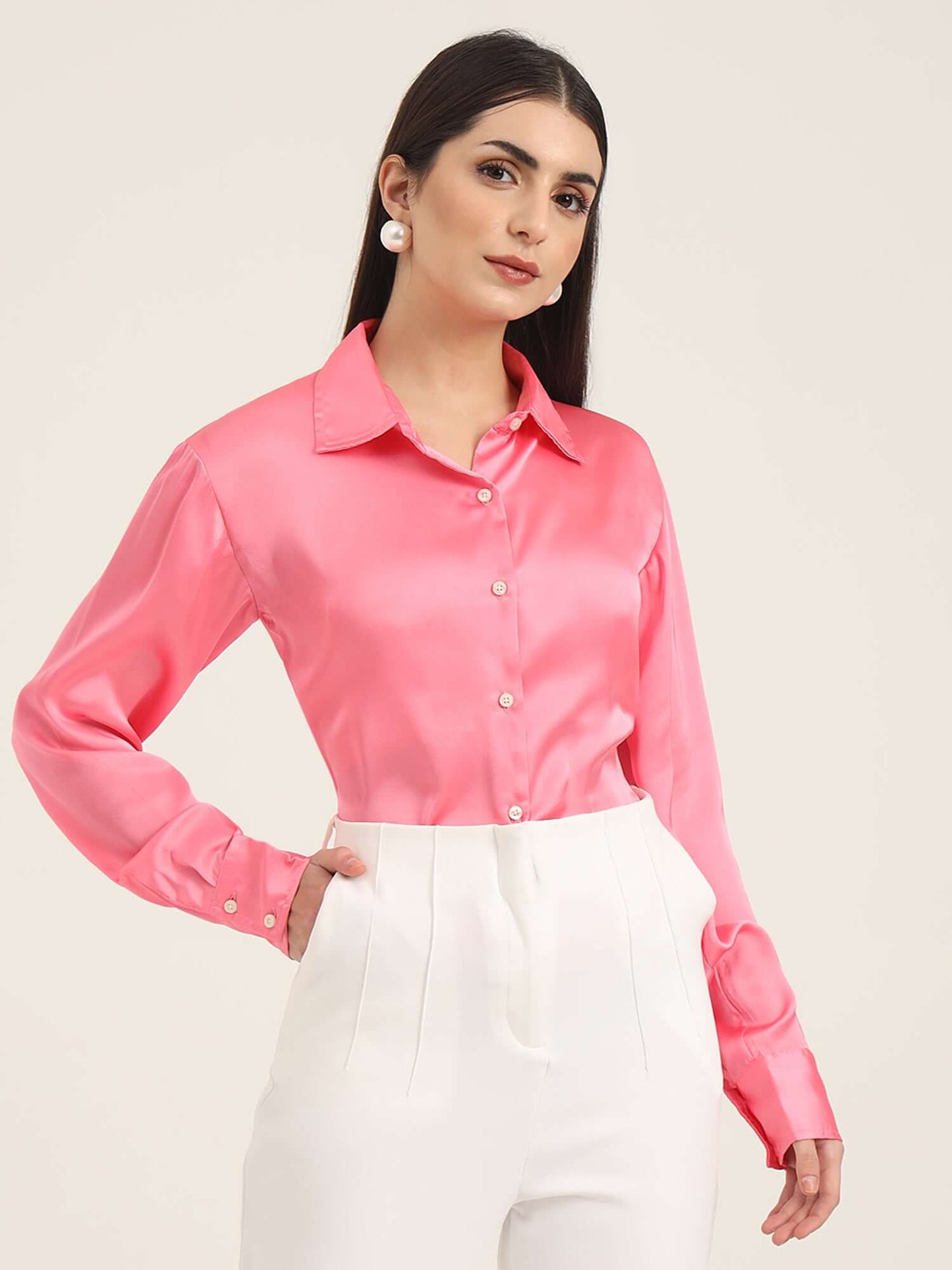 Bubblegum Pink Regular Fit Summer Satin Shirt