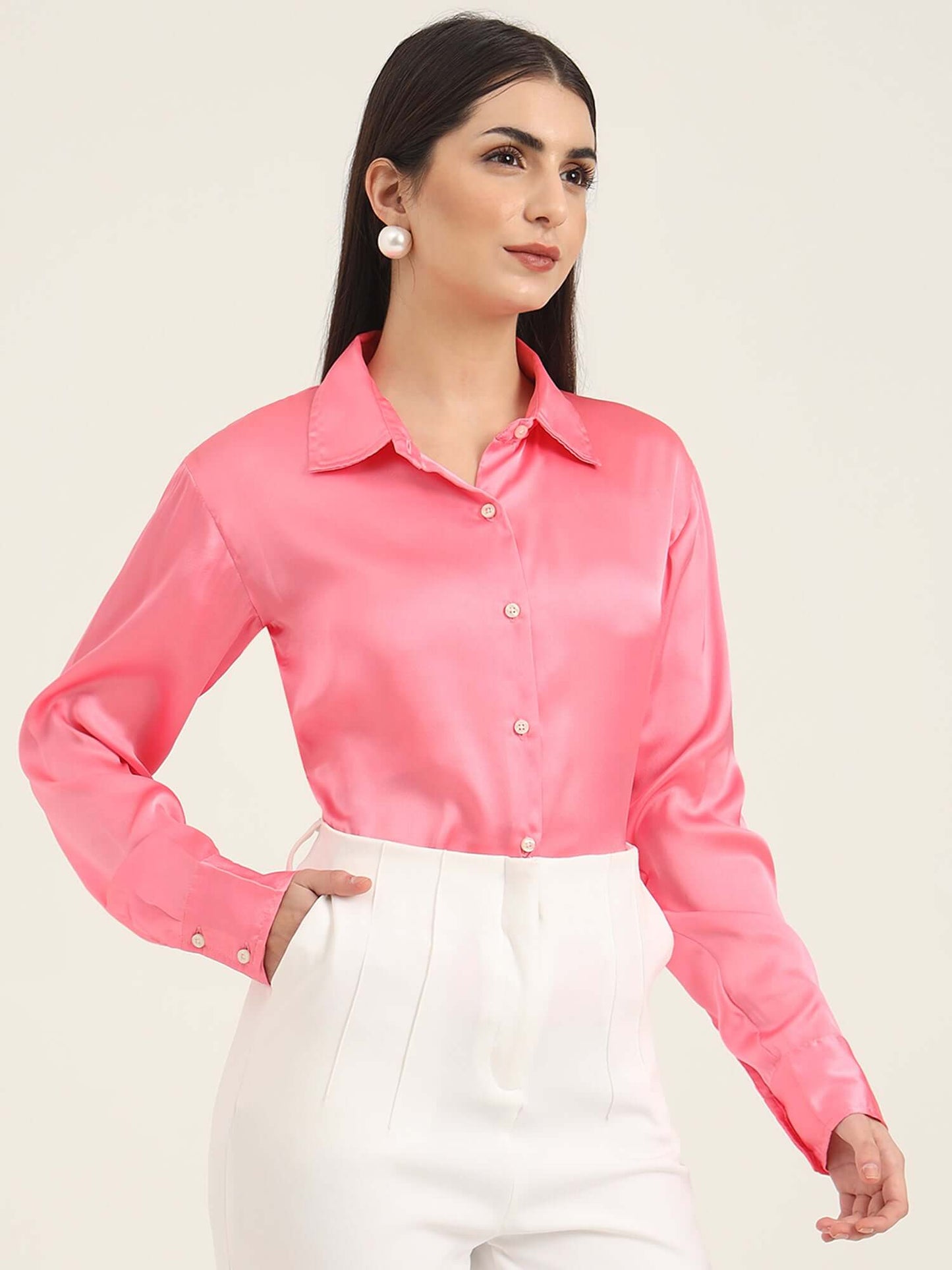 Bubblegum Pink Regular Fit Summer Satin Shirt
