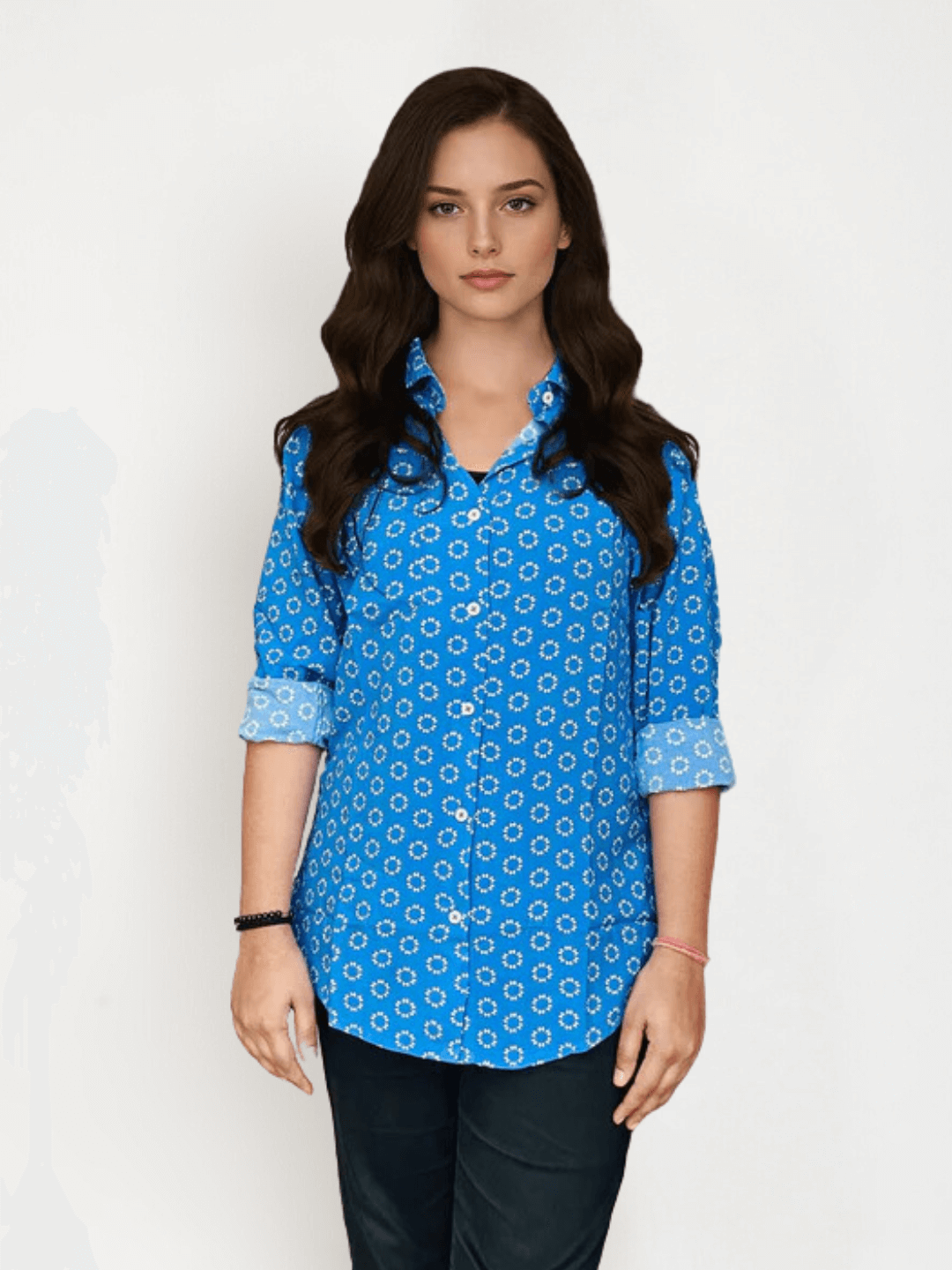 Women'S Premium Rayon Shirt With Blue Block Print