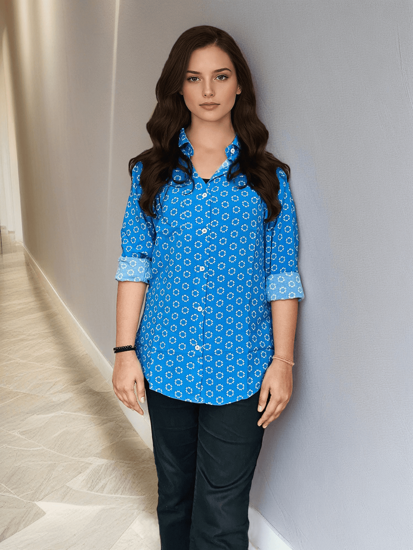 Women'S Premium Rayon Shirt With Blue Block Print