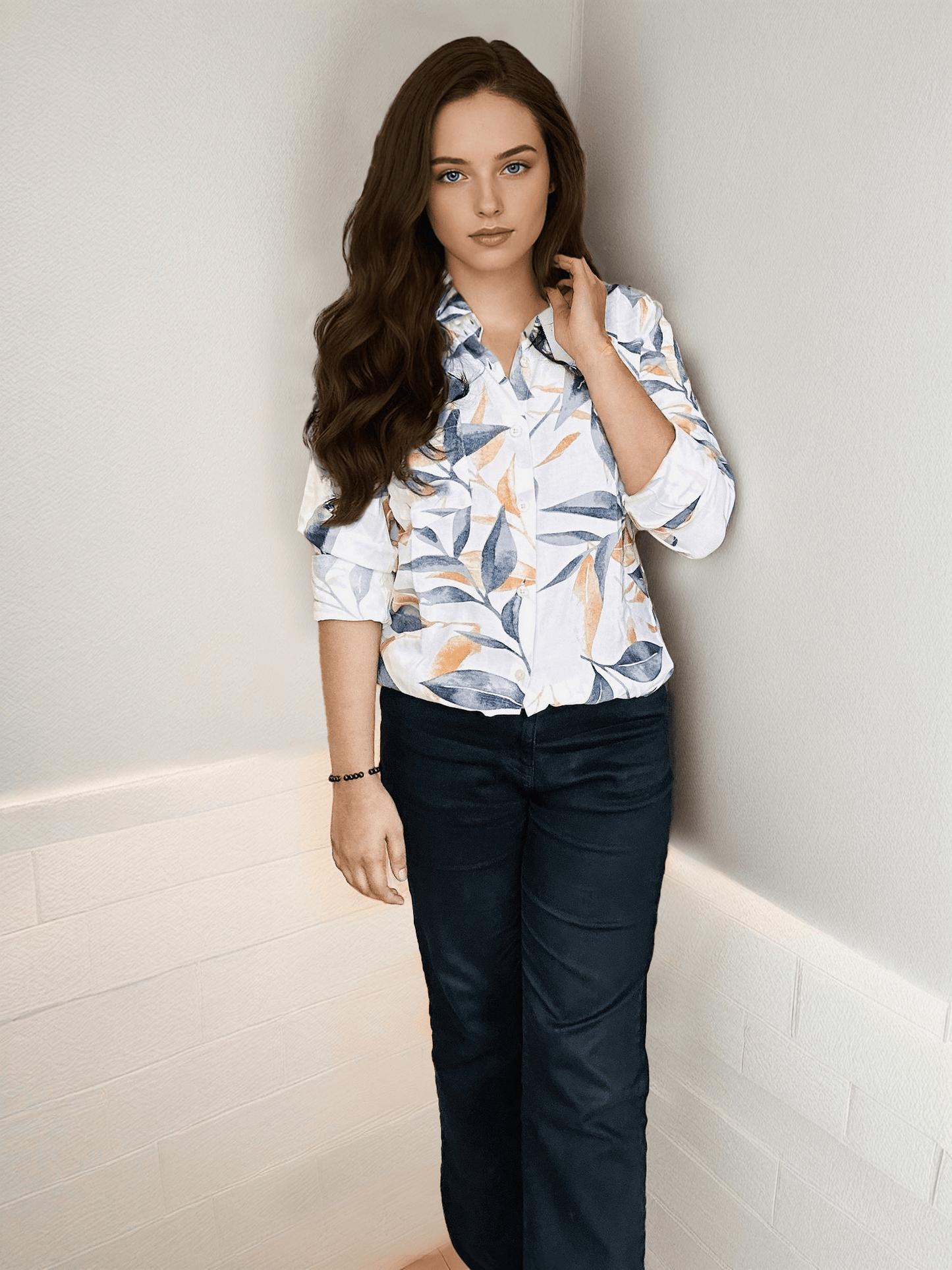 Women'S Premium Rayon Shirt With Blue And Orange Leaf Print