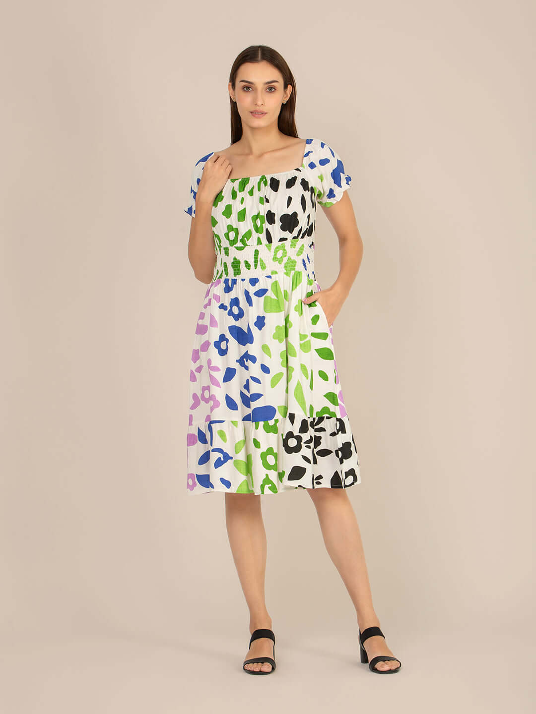 Rayon Printed Striped Smocked Midi Dress