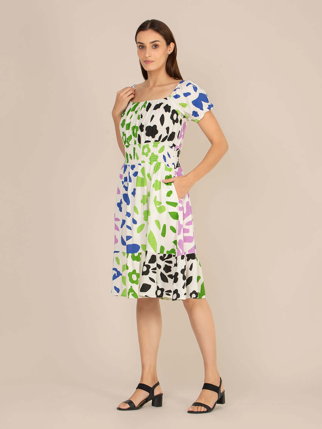 Rayon Printed Striped Smocked Midi Dress