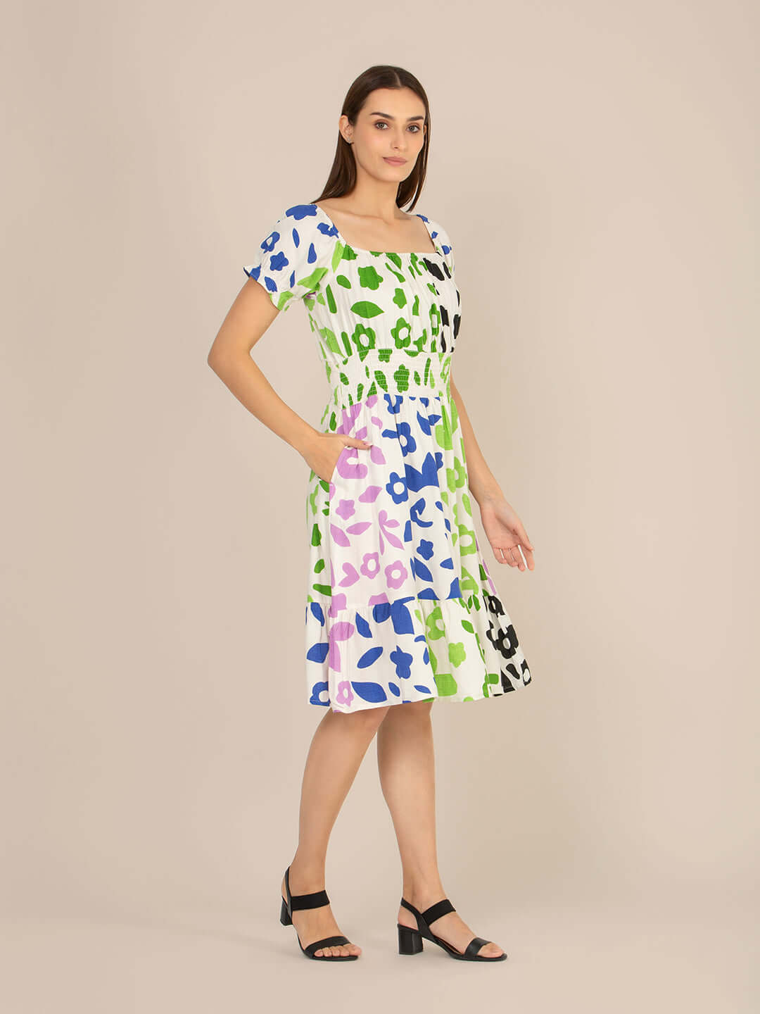 Rayon Printed Striped Smocked Midi Dress