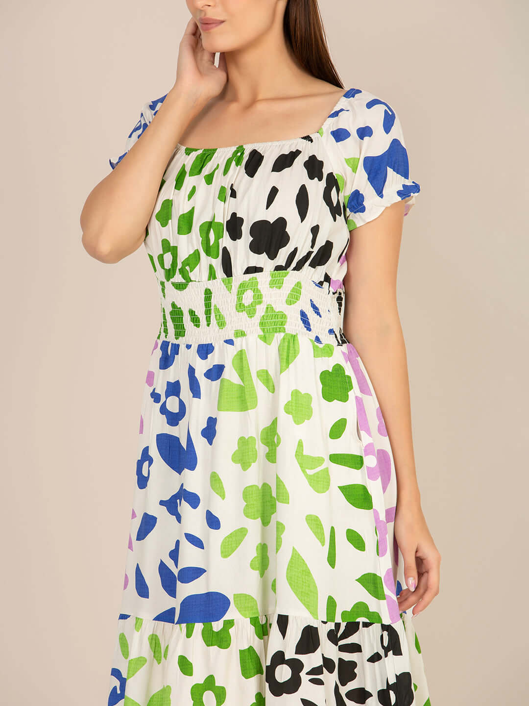 Rayon Printed Striped Smocked Midi Dress