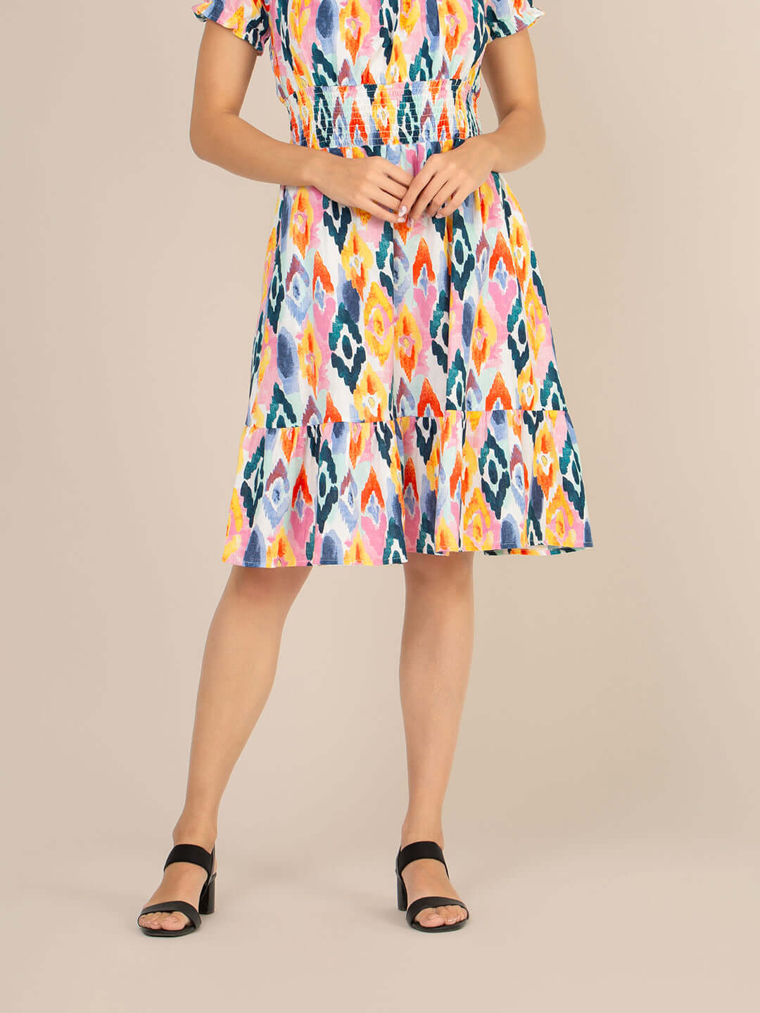Rayon Printed Striped Smocked Midi Dress