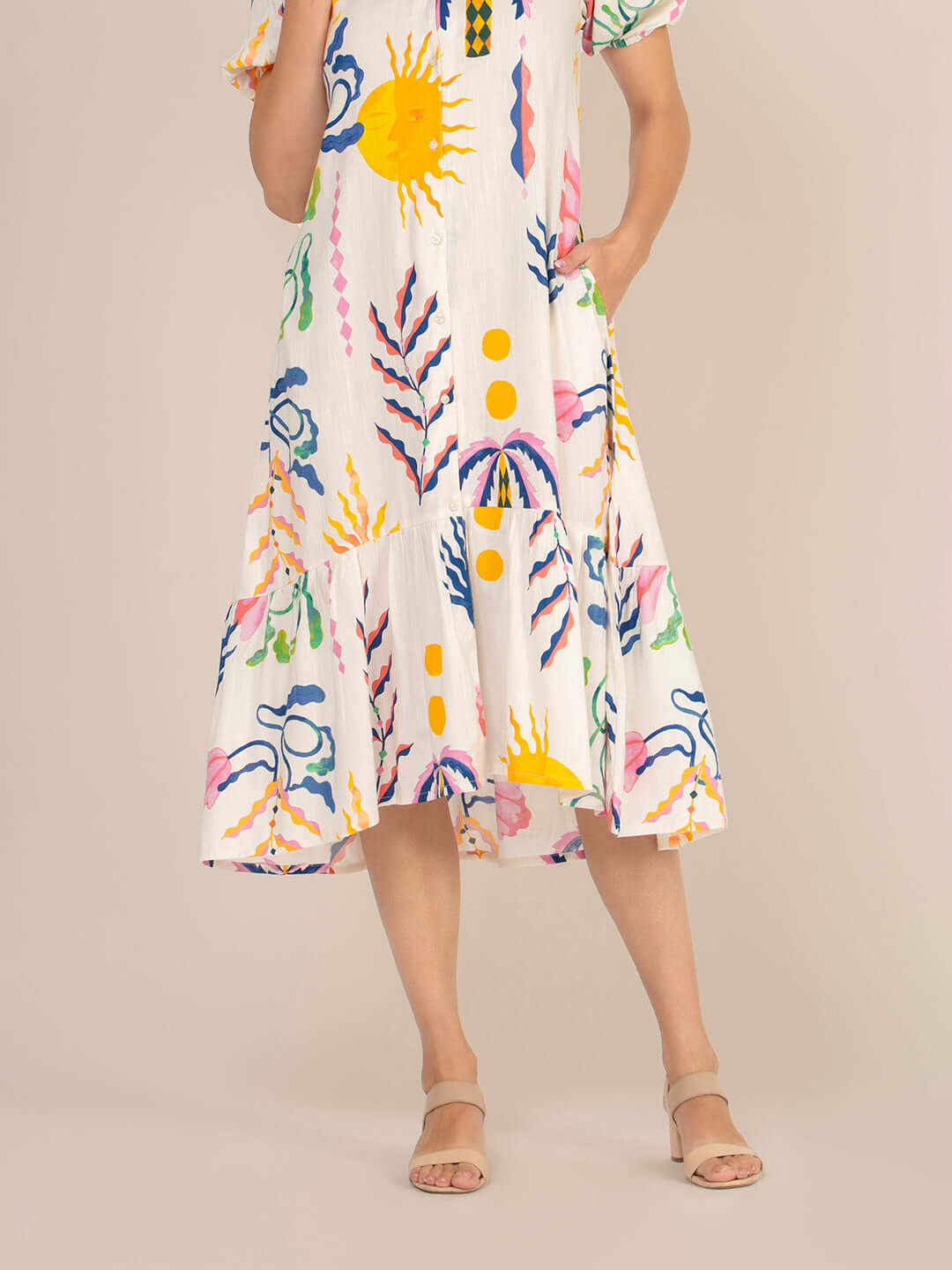 Rayon Printed Puff Sleeve A Line Front Button Maxi Dress