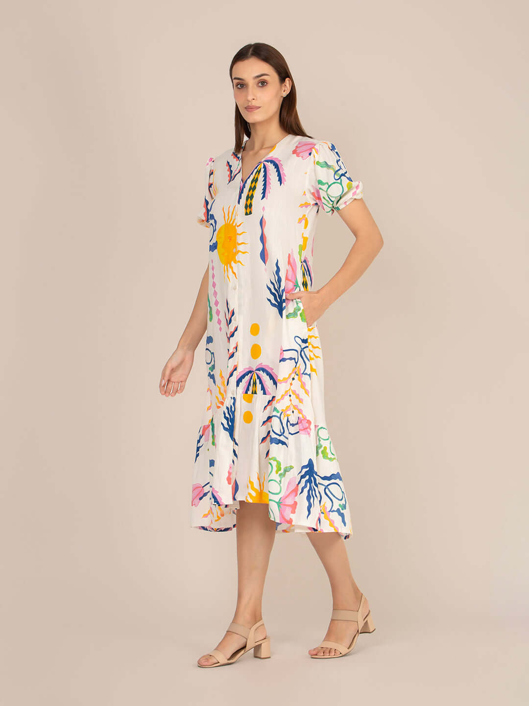 Rayon Printed Puff Sleeve A Line Front Button Maxi Dress