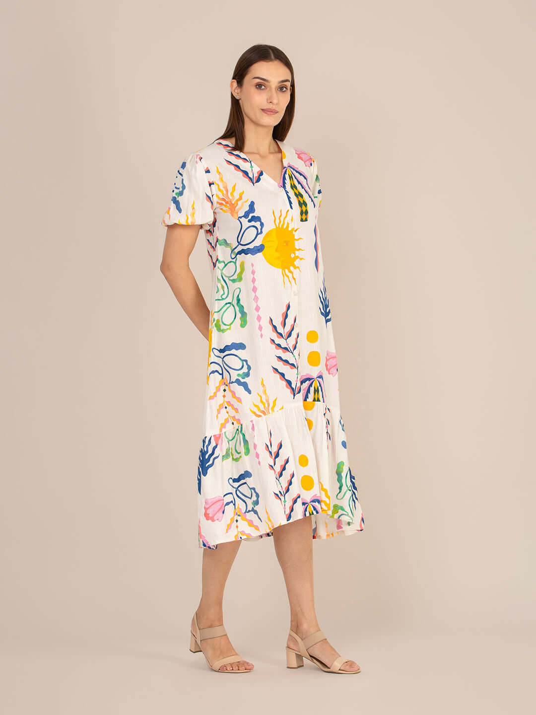 Rayon Printed Puff Sleeve A Line Front Button Maxi Dress