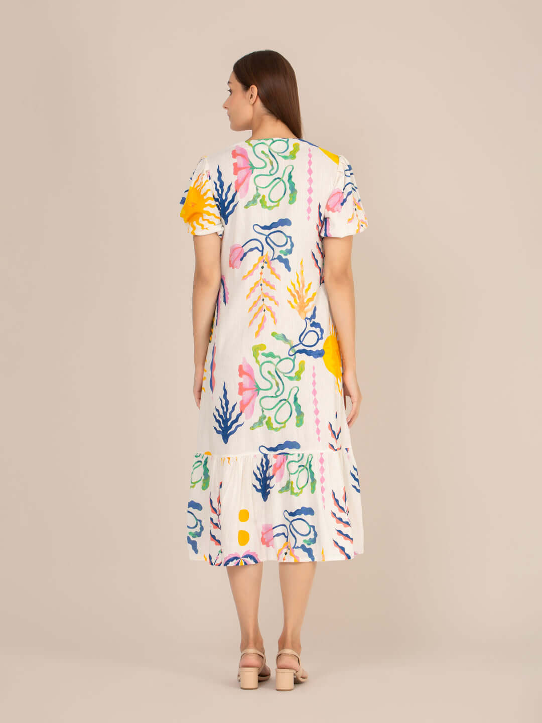Rayon Printed Puff Sleeve A Line Front Button Maxi Dress