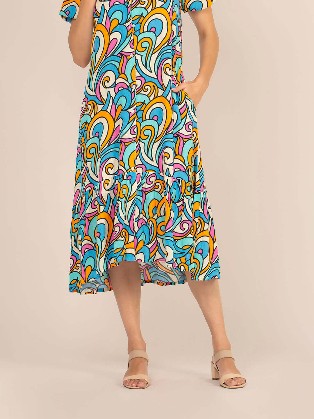 Rayon Printed Puff Sleeve A Line Front Button Maxi Dress