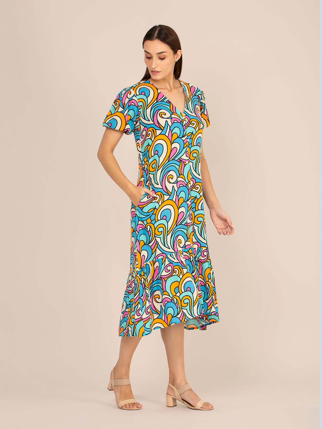 Rayon Printed Puff Sleeve A Line Front Button Maxi Dress