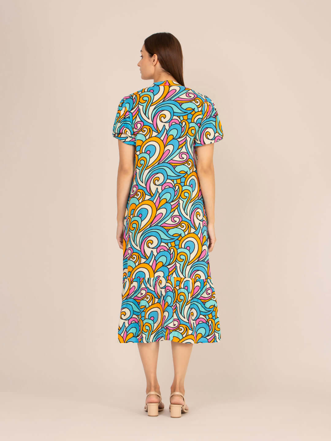 Rayon Printed Puff Sleeve A Line Front Button Maxi Dress