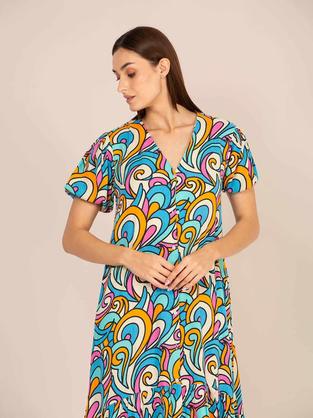 Rayon Printed Puff Sleeve A Line Front Button Maxi Dress