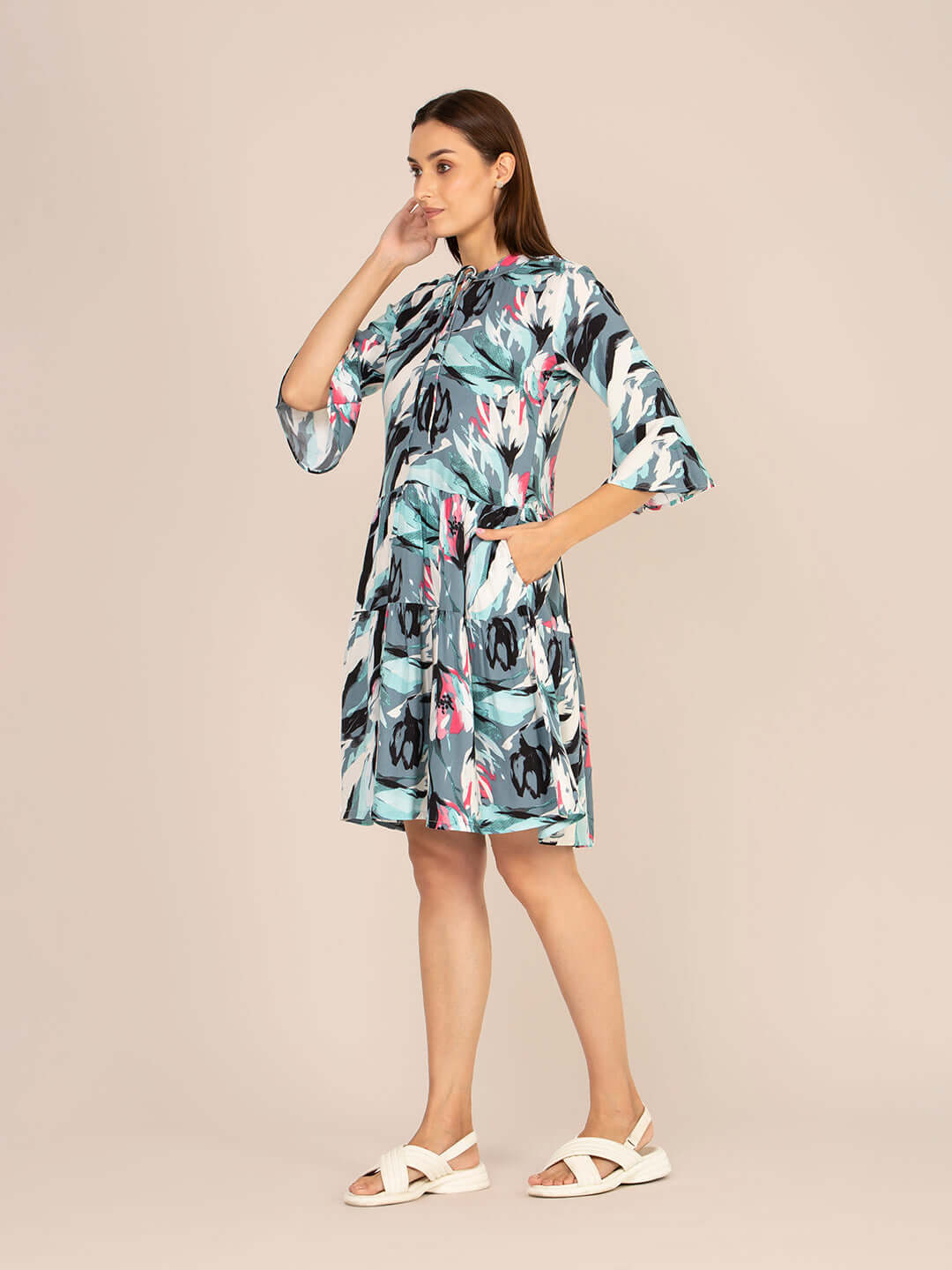 Rayon Printed Fit & Flare V Neck String Midi Dress