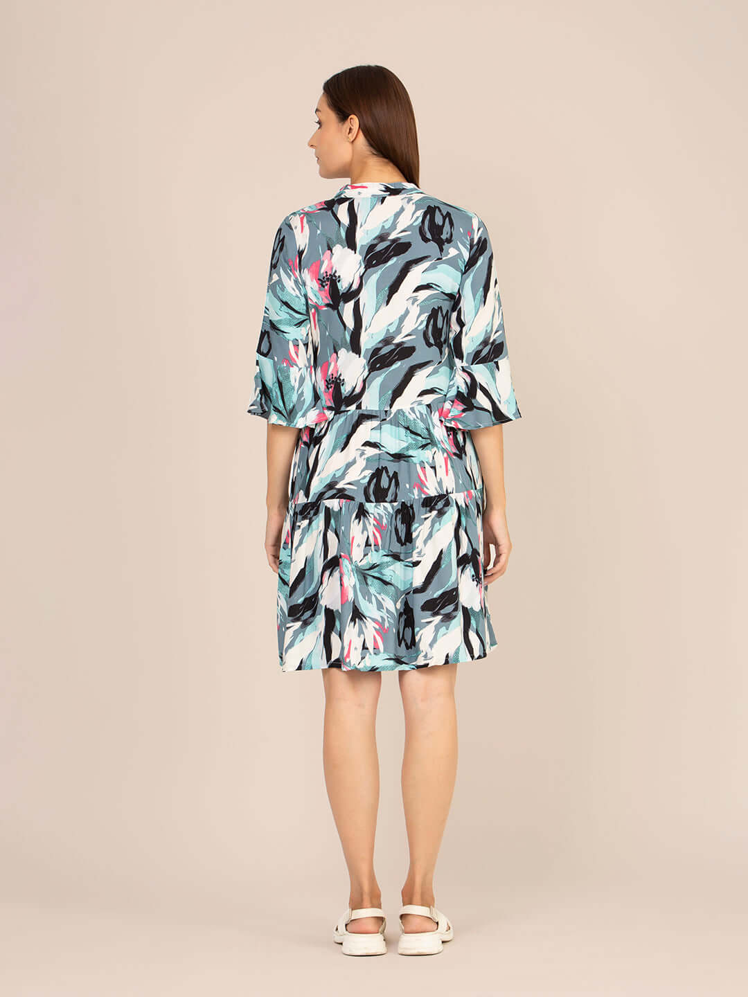 Rayon Printed Fit & Flare V Neck String Midi Dress