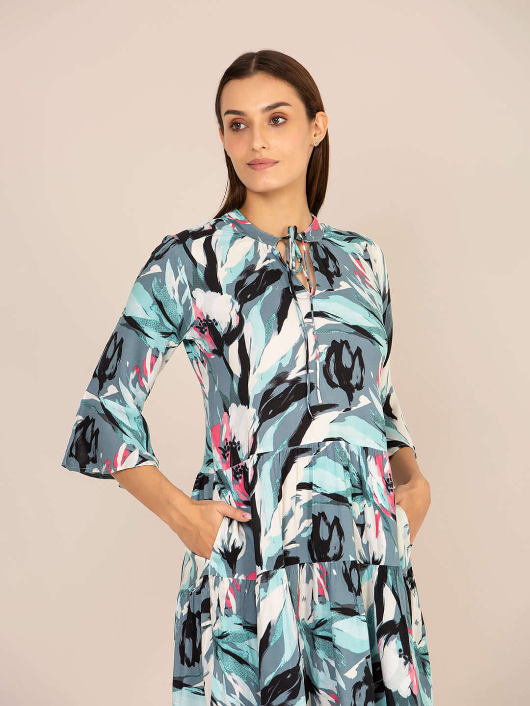 Rayon Printed Fit & Flare V Neck String Midi Dress