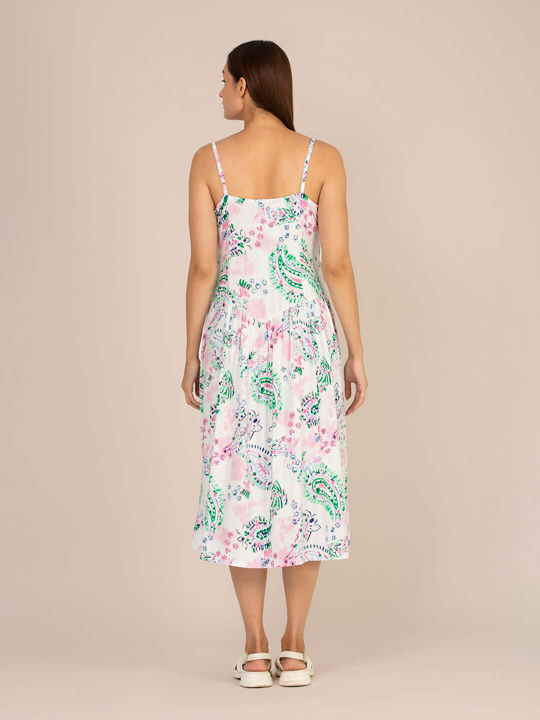 Rayon Printed Fit & Flare V Neck Shoulder Strap Maxi Dress