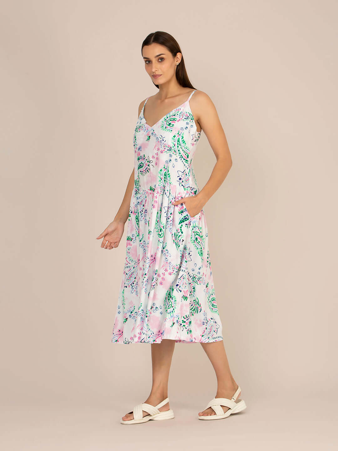 Rayon Printed Fit & Flare V Neck Shoulder Strap Maxi Dress