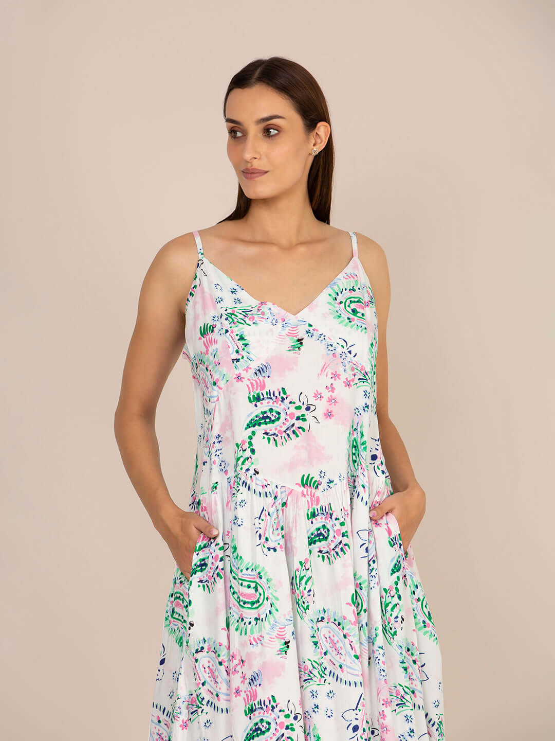 Rayon Printed Fit & Flare V Neck Shoulder Strap Maxi Dress