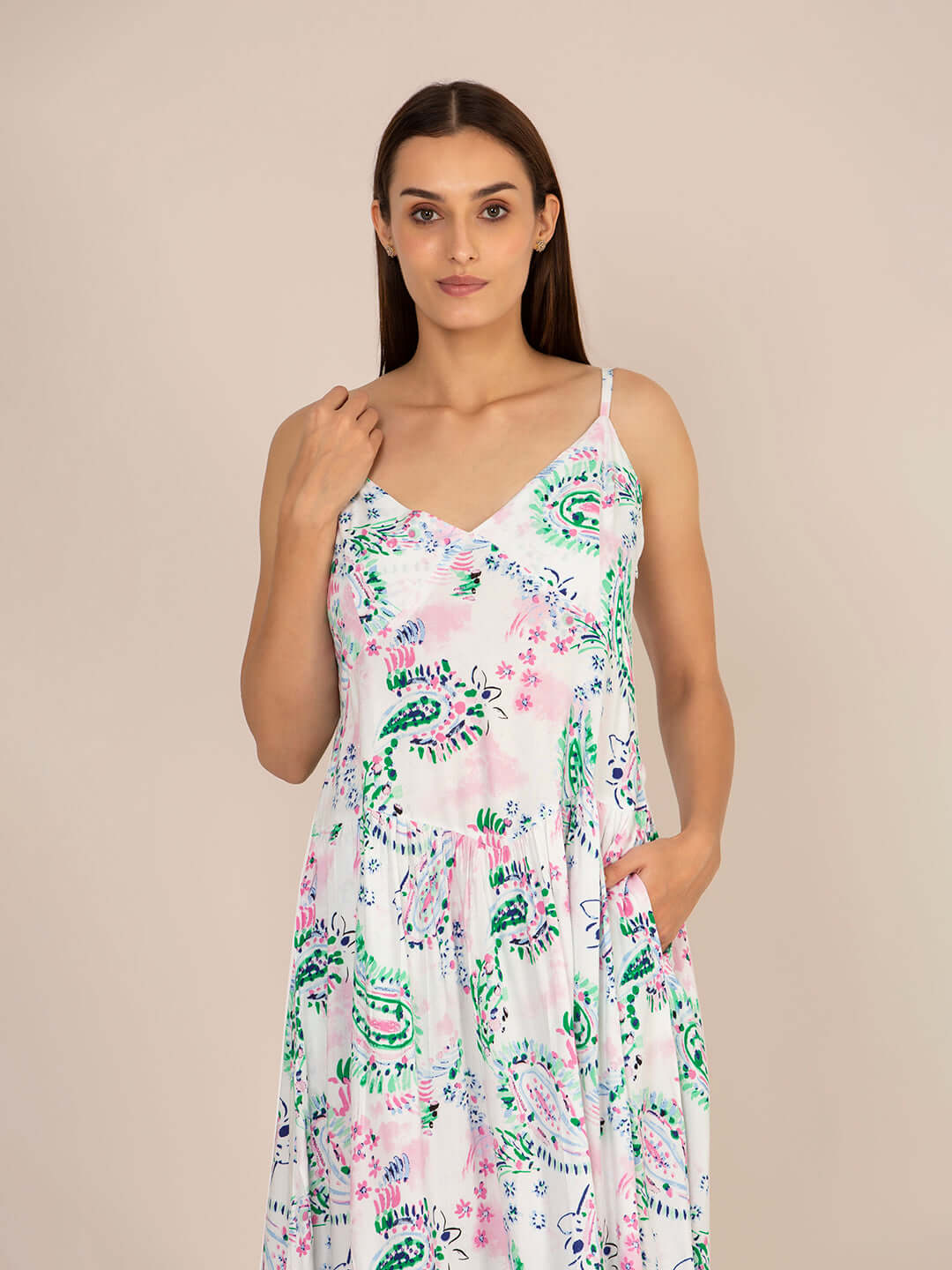 Rayon Printed Fit & Flare V Neck Shoulder Strap Maxi Dress