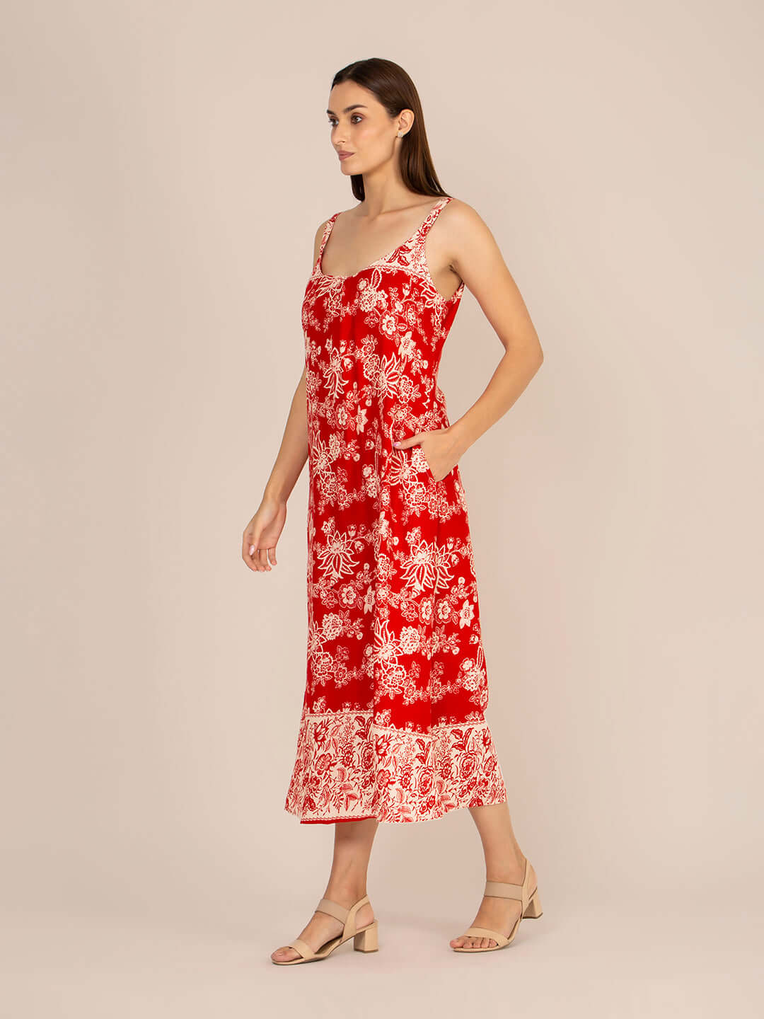 Rayon Printed V Neck Shoulder Strap Maxi Dress