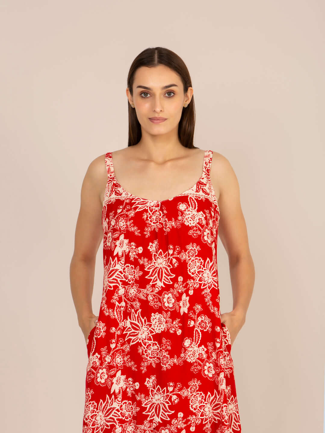 Rayon Printed V Neck Shoulder Strap Maxi Dress