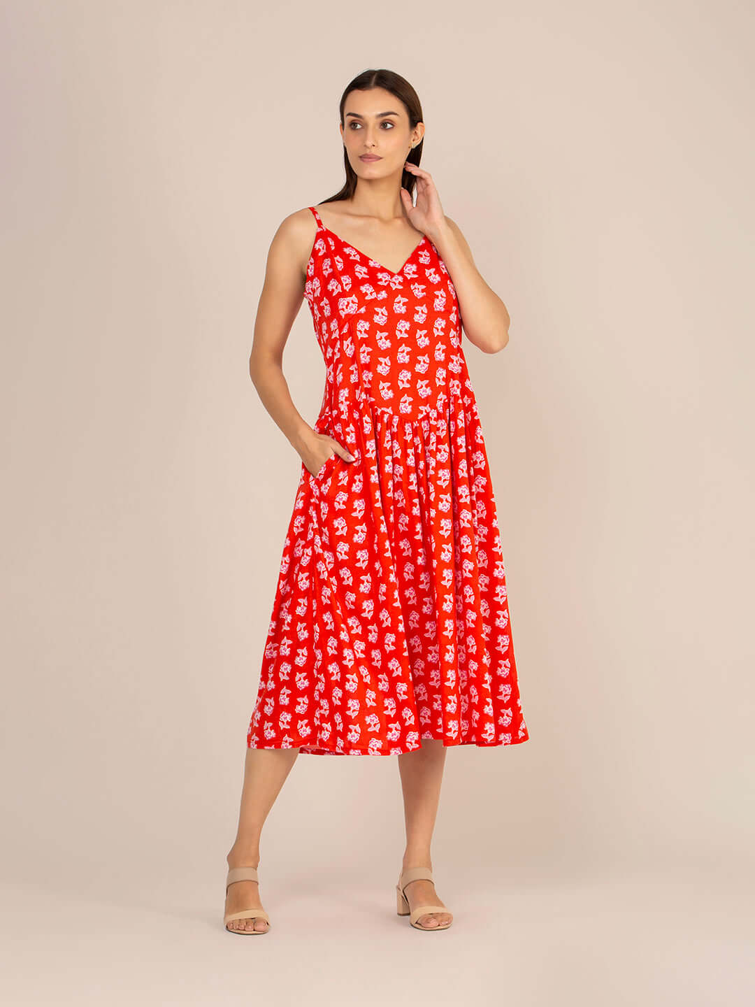 Rayon Printed Fit & Flare V Neck Shoulder Strap Maxi Dress