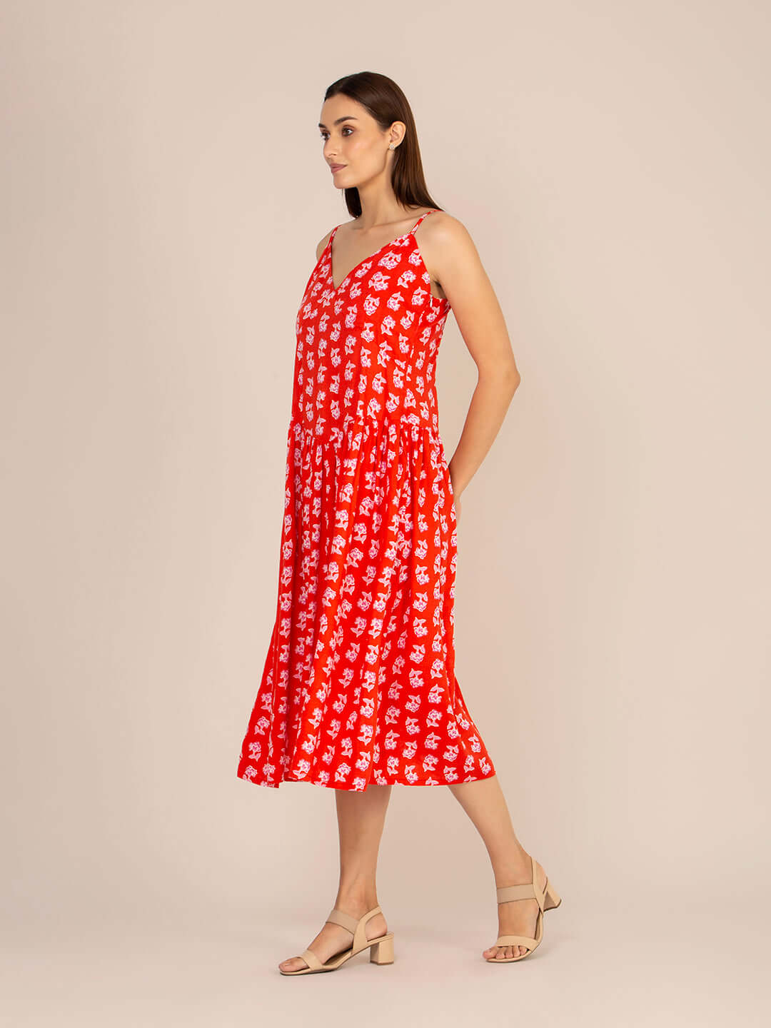 Rayon Printed Fit & Flare V Neck Shoulder Strap Maxi Dress