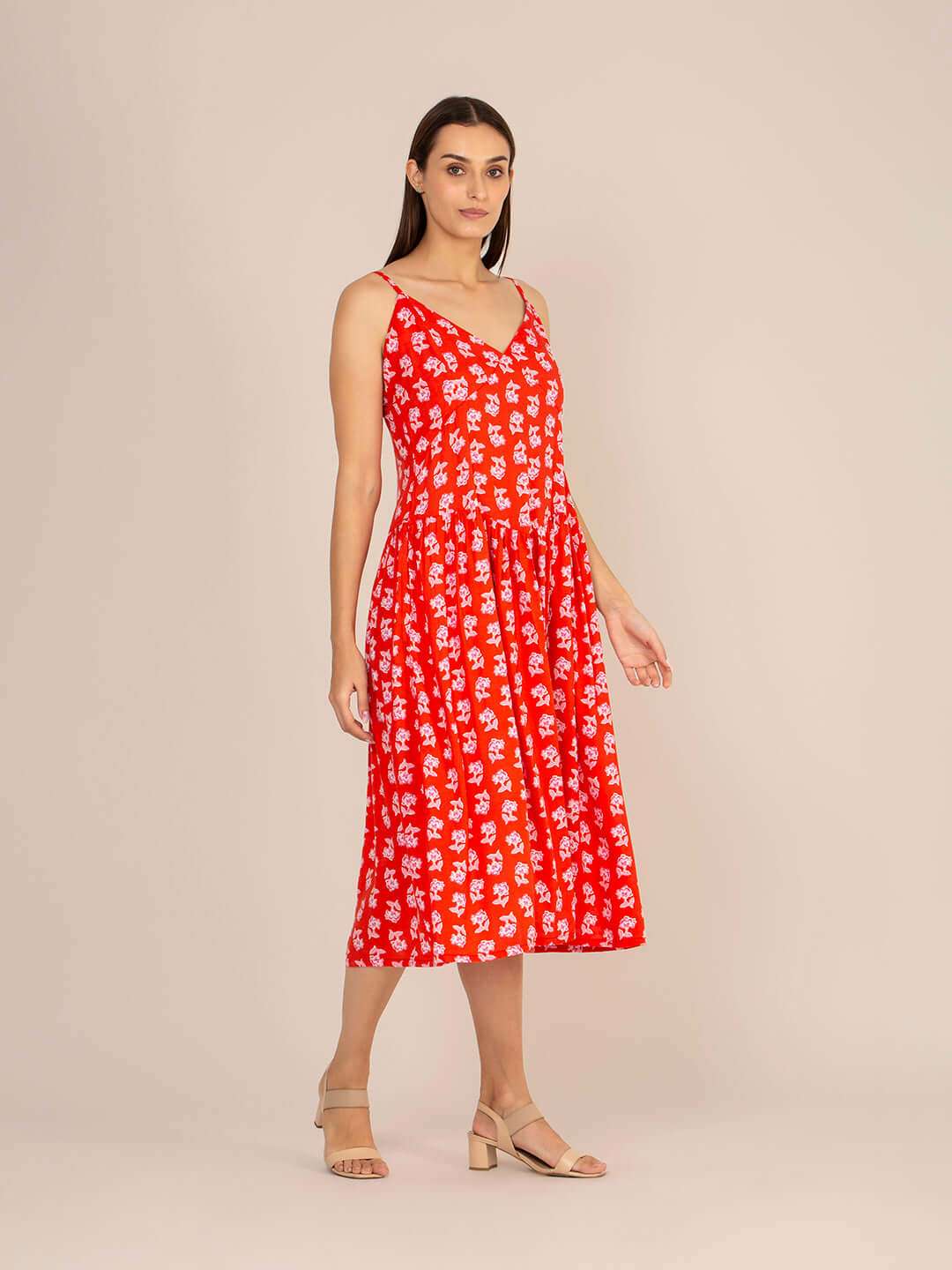 Rayon Printed Fit & Flare V Neck Shoulder Strap Maxi Dress