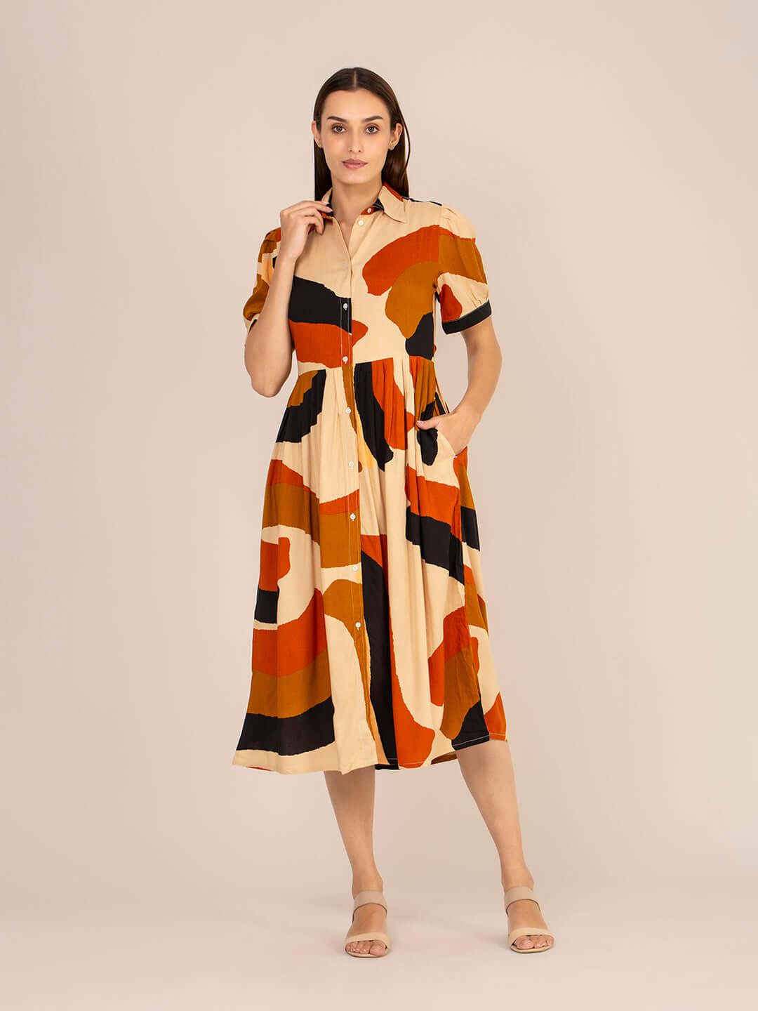 Rayon Printed Puff Sleeve A Line Shirt Dress
