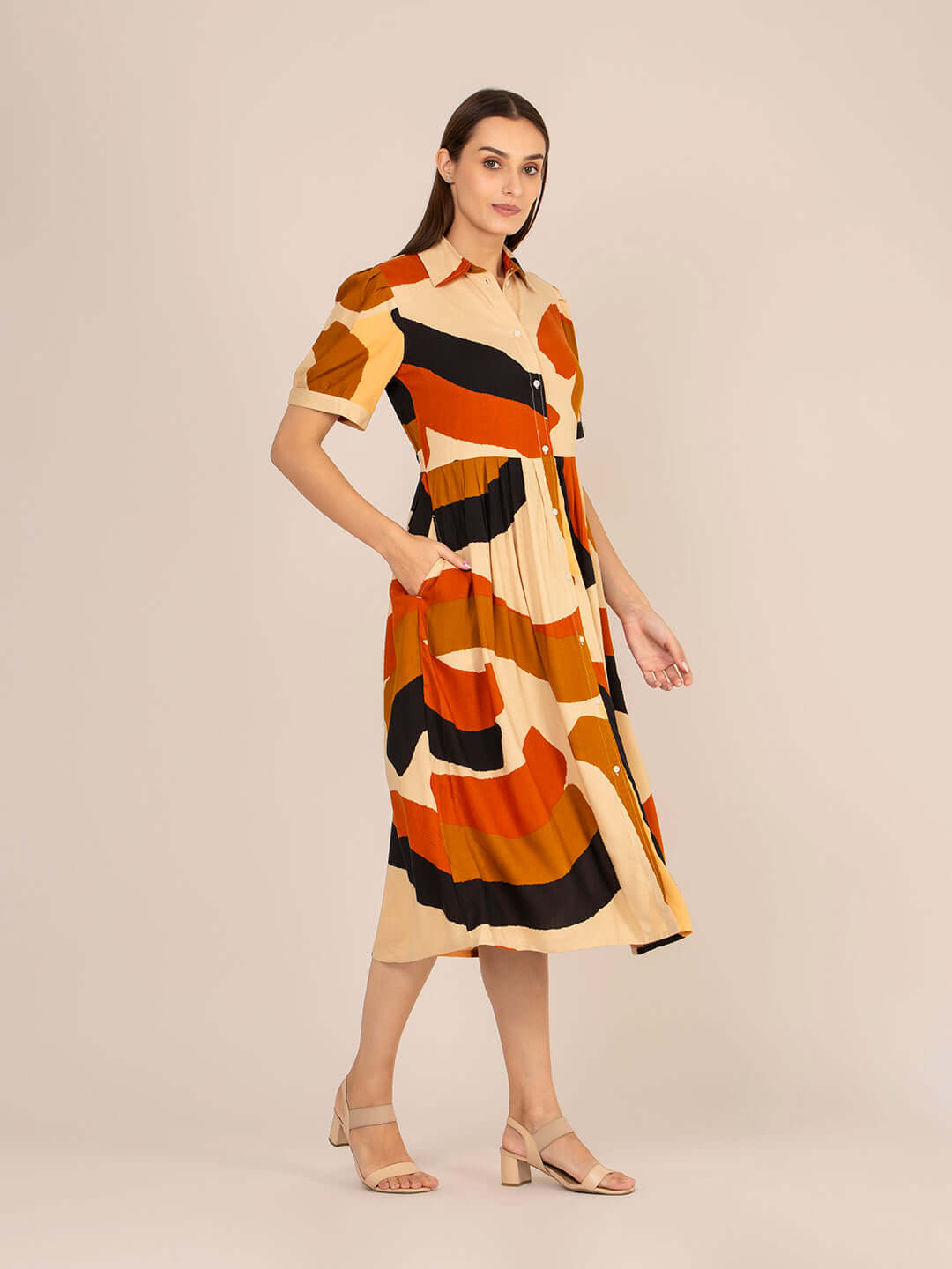 Rayon Printed Puff Sleeve A Line Shirt Dress