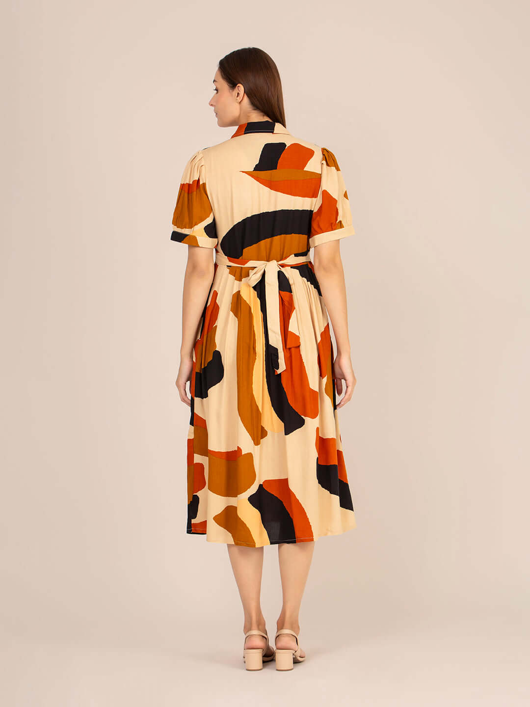 Rayon Printed Puff Sleeve A Line Shirt Dress